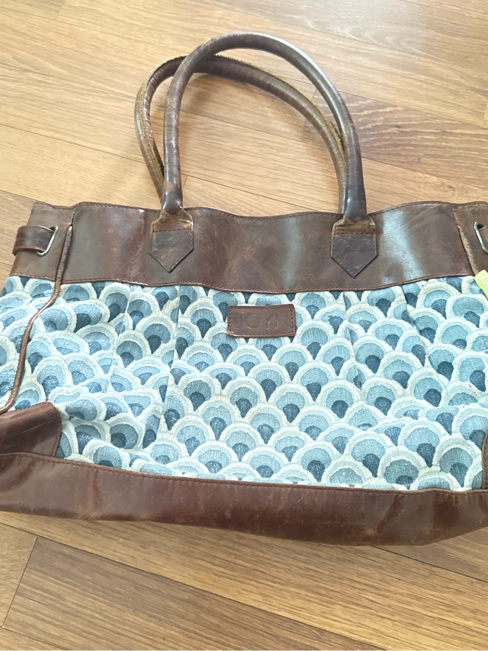 Blue Patterned Canvas Tote with Brown Leather Trim by JOY